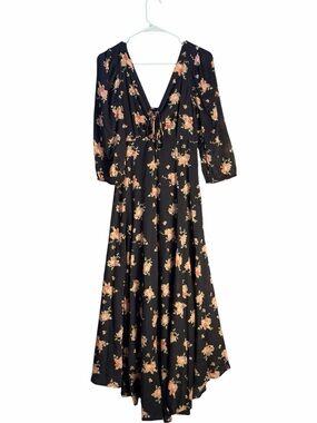 Free People Sea Glass Black Floral Print Balloon Sleeve Maxi Dress